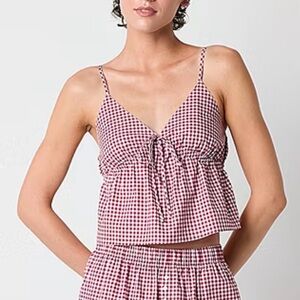 Gingham Tie-Front Cami Top in Burgundy & White